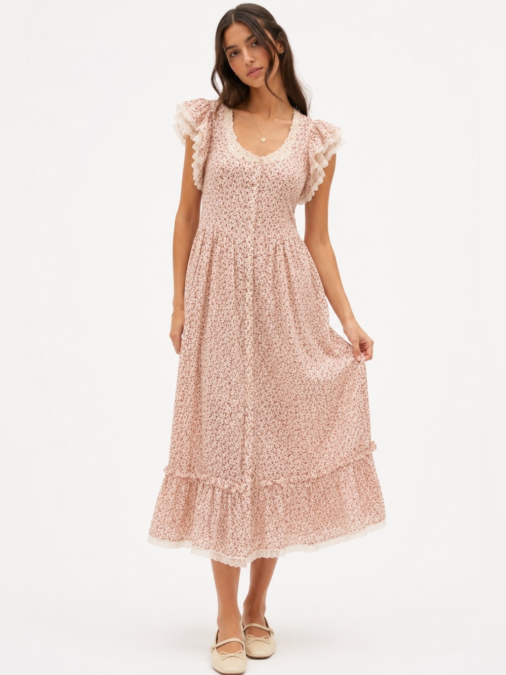 GUNNE SAX Vintage 70s Ditsy Floral Calico Lace Flutter Sleeve Prairie Dress